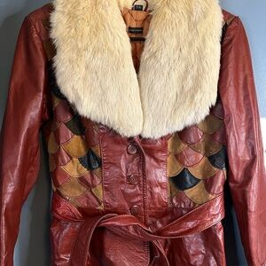 Vintage burgundy & brown fish scale Leather Coat with Rabbit Fur Collar